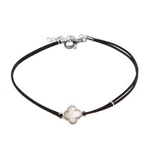 Sterling Silver 925 Small Mother of Pearl Clover on Leather Strap Bracelet